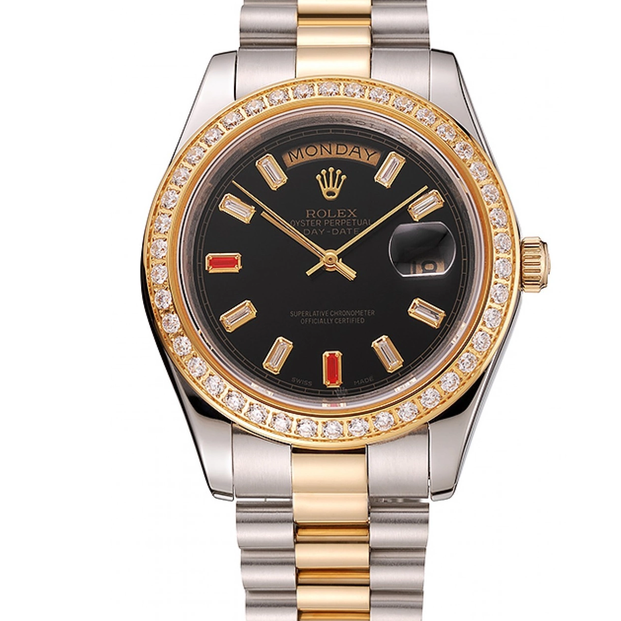 Aaa replica watch Bracelet Diamonds Black Rolex Rubies Swiss And Dial Tone Day-Date 1454105 Two 0728